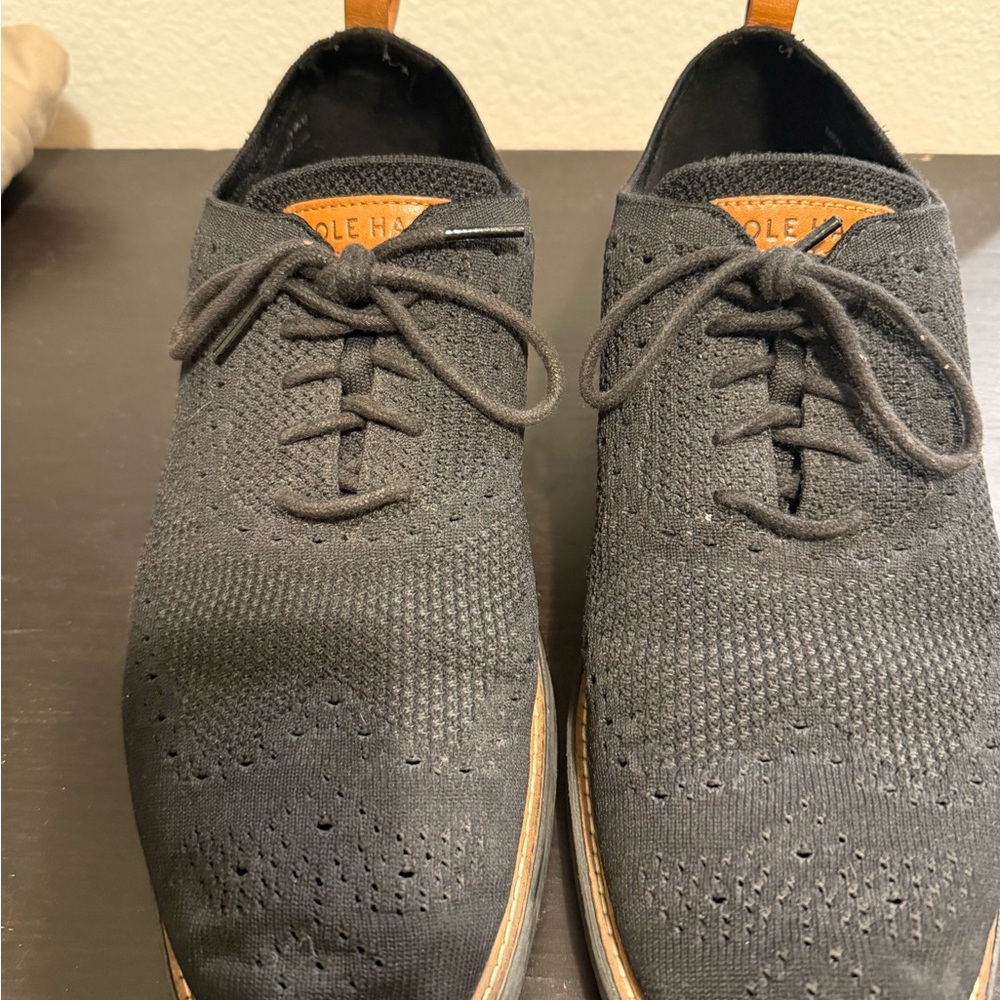Cole Haan Black Knit Wingtip Derby with Tan Accents